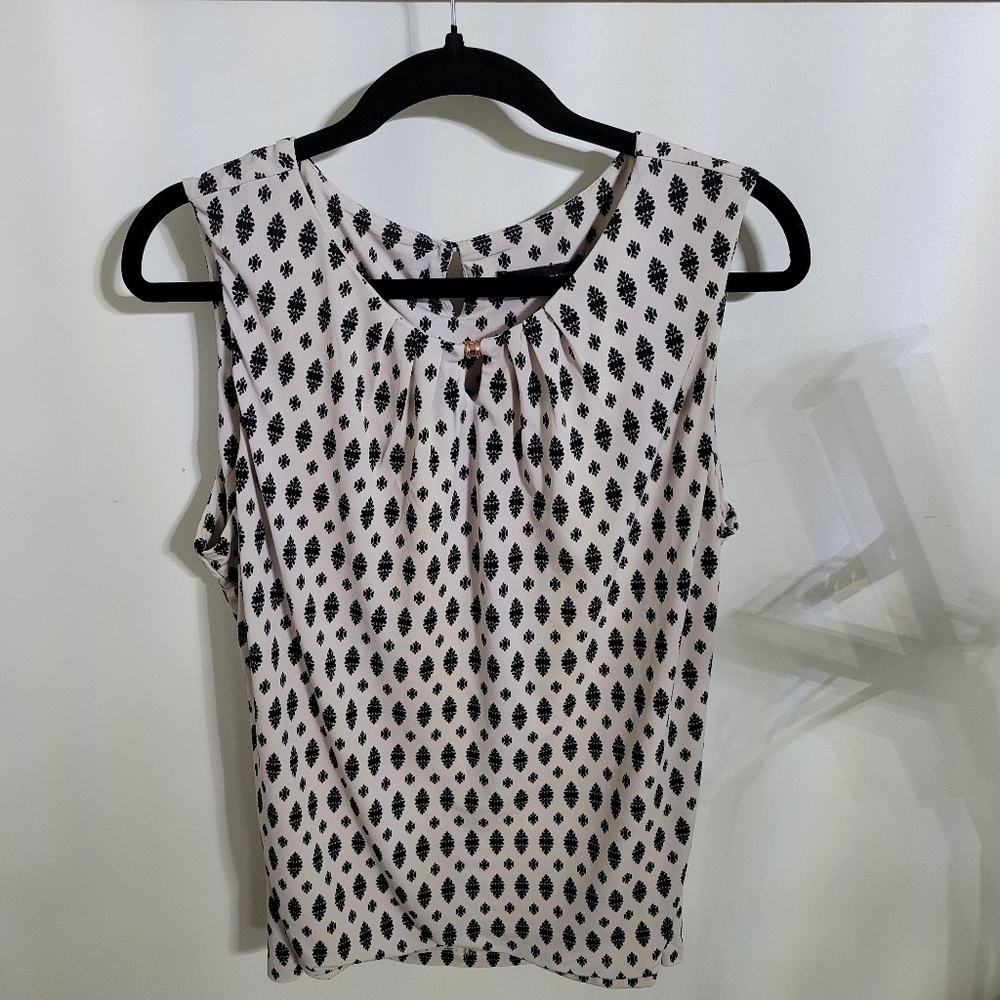 Ivanka Trump Creamish Colored Sleeveless Top with Black Pattern Motif, Size L